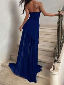 Women's Solid Color Strapless Mesh Patchwork Hem Dress Party Wedding Spring - Navy Blue - View 5