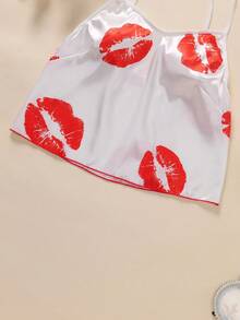 2件套白色吊带唇印女士睡衣套装 - 白色 - 查看 4