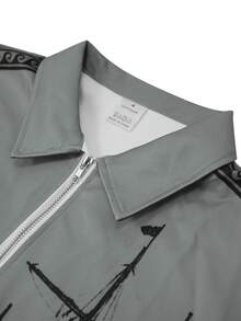 Men Boat Print Contrast Trim Half Zip Sport Polo Shirt - Grey - View 3