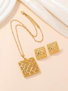 Set de 2 piezas de collar con colgante y aretes de patrón de rombos hueco chapado en oro cobrizo de estilo de Oriente Medio para Ramadán, mejor regalo para familiares y amigos - Amarillo Oro - Ver 2