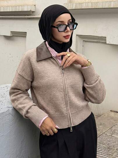 Livesso 女式休闲PU拼布拉链开衫，秋季