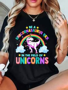 Be A Unicornasaurus Rex In The Field Of Unicorns Graphic T-Shirt For Women, Oversized Crewneck Tees Casual Wear, Spring Cotton Tops Short Sleeve, Summer Basic Tees, Funny Clothes For Women - 黑色 - 查看 1