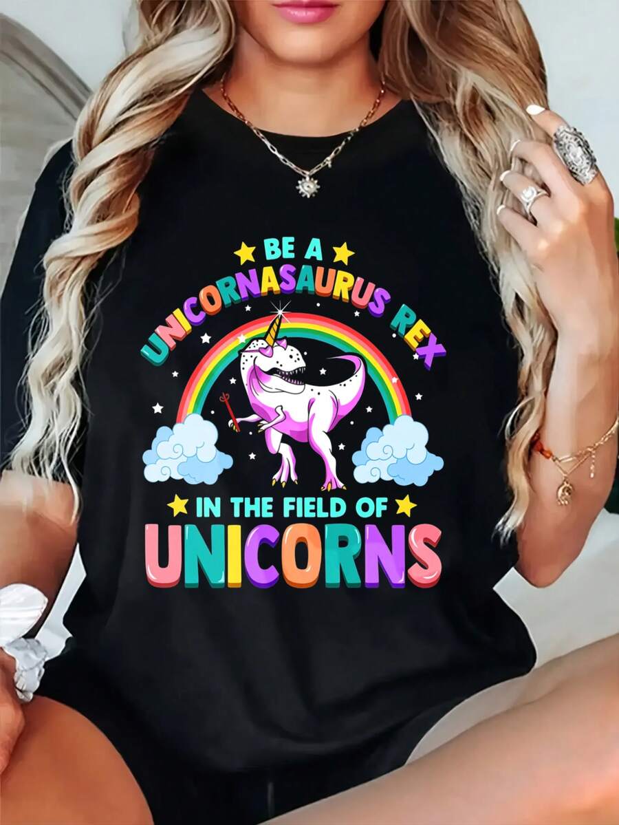Be A Unicornasaurus Rex In The Field Of Unicorns Graphic T-Shirt For Women, Oversized Crewneck Tees Casual Wear, Spring Cotton Tops Short Sleeve, Summer Basic Tees, Funny Clothes For Women - 黑色 - 查看 1