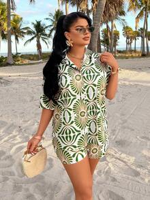 AIJ Amarilo Women's Boho Chic Green & White Geometric Print Two Pieces Outfit With Tied Crop Shirt & High-Waist Shorts, Casual Beach Vacation Clothing Set - Green - View 6