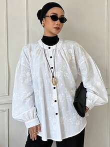 Livesso Women's Embroidered 100% Cotton Loose Fit Contrast Button Shirt - Beige - View 1