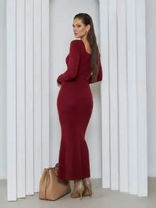 Vestido Longo Feminino Tricot Modal Manga Longa Gola Quadrada Casual Elegante Moda Outono Inverno - Ferrugem - Visão 4