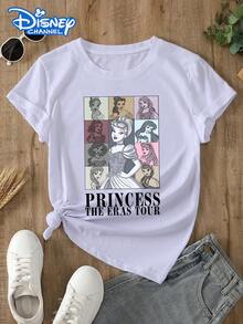 Disney Lady's T-Shirt, Featuring A Double-Sided Cartoon Pattern Of Disney Princesses' Letters. The Fabric Is Soft, Comfortable And Durable. This Is A Summer/Winter Women's Round-Neck T-Shirt Suitable For Daily Wear, Going Shopping, Parties, And Gatherings. It Is Also More Suitable For Daily Outfits And As A Gift. - trắng - Xem 3
