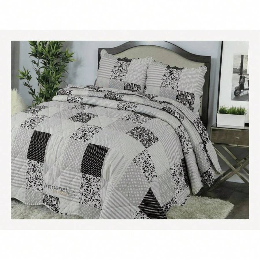 3pcs Luxury Patchwork Reversible Bedspread Quilted Throw Printed Bedding Set Double & King Soft And Breathable - Luciana Grey Silver - View 1