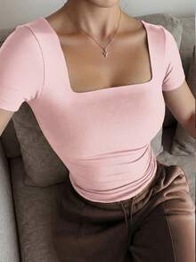 Casual Elegant Short Sleeve Crew Neck Top, Suitable For Daily Wear, Commuting, Going Out, Spring/Summer Pink - Pink - View 2