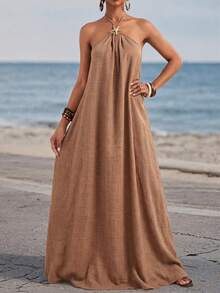 Vuslat Women's Summer Solid Color Casual Party Elegant Starfish Decor Halter Neck Dress, Suitable For Vacation, Beach, Summer Holiday, Daily Wear, Casual, Outdoor, Festival, Street Style, Party - Brown - View 4