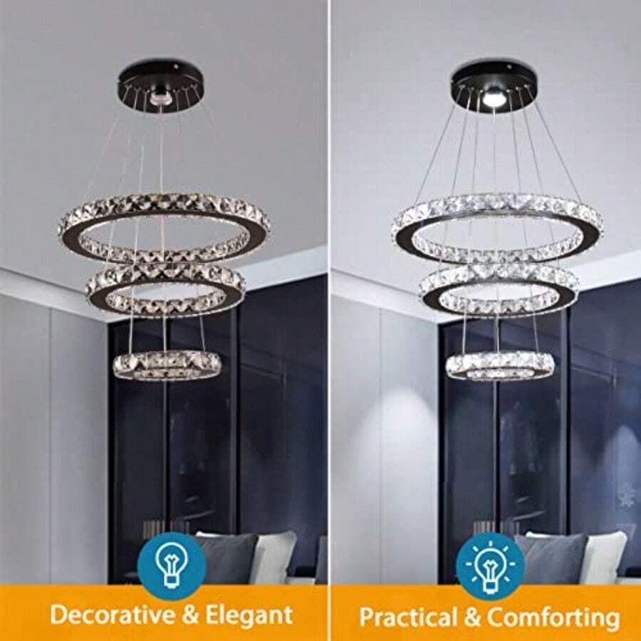 Lámpara de araña LED moderna de cristal  con 3 anillos lámpara colgante de altura ajustable lámpara de techo para comedor dormitorio sala Blanco frío-003 - Blanco frío negro. - Ver 1