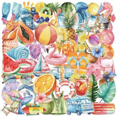 50-Piece Transparent Cartoon Watercolor Summer Sticker Pack - Waterproof Clear PET Decor For Hand Accounts, Guitars & Notebooks