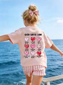 Tween Girl "God Says I Am Enough..." Inspirational Slogan 3D Heart Grid Cartoon Print T-Shirt, Suitable For Casual, Street, Travel & Holiday Wear, Fashion Girl Summer Top - Pink - View 4