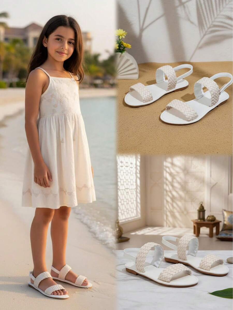 1 Pair White Soft PU Toddler Girls Flat Sandals, Classic One-Strap Woven Design, Round Toe, Fashionable & Cute, Lightweight Roman Sandals Suitable For 3-15 Years Old Girls, Daily, Party, Casual, Spring/Summer 2026 - Beige - View 1