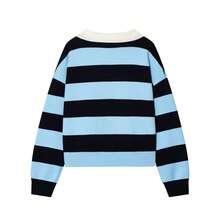 Suéter de cuello alto de manga larga con rayas de contraste MUMRAP para mujer, otoño/invierno - Azul - Ver 4