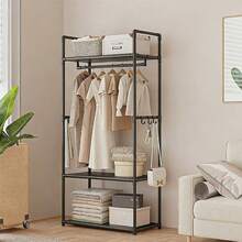 Multifunctional Clothes Rail Garment Hanging Stand Shoe Rack Home Storage Shelf - Black - View 5