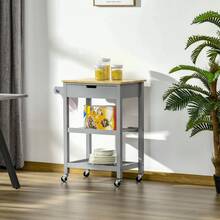 Kitchen Trolley With Rubberwood Worktop - Utility Cart On Wheels, Towel Rack, Shelves & Drawer, Grey - Default - View 5
