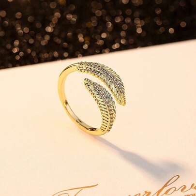 1pc Stainless Steel Angel Wing Feather Shaped Ring, Vintage Retro Oxidized Silver Ring