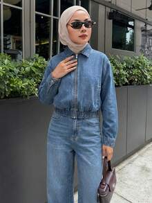 Livesso Women's Denim Jacket With Collar & Zipper And Loose Straight-Leg Jeans Casual Suit - Medium Wash - View 4