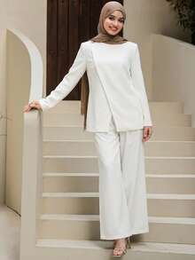 Livesso Women's Round Neck Long Sleeve Split Hem Top And Straight Leg Pants 2 Pieces Casual Set - White - View 5