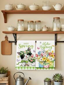 2Pcs Watercolor Eucalyptus Leaves And Flowers Farmhouse Kitchen Towels Lavender Butterfly Truck Cat Mason Bottle Spring/Summer Farm Decoration Dishcloth Holiday Party Supplies Handkerchiefs Suitable For Kitchen Dining Room Table - White - View 4