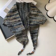 One-Piece Spring And Autumn Scarf New Retro Artistic Style Wooden Bead Pendant Small Scarf Neck Scarf Small Shawl Triangle Scarf - 灰綠混色紋 - 查看 8