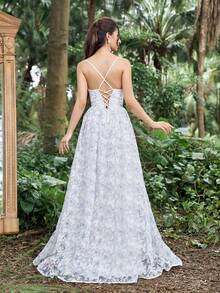 Faeriesty 优雅系带荷叶边腰部镂空开衩连衣裙，正式吊带礼服 - 白色 - 查看 2