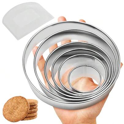 6pcs Round Cookie Cutters Set With Plastic Scraper - 2", 3", 3.5", 4", 5", 6" Multi-Size Round Cutters For Baking Cookies, Donuts, Sandwiches And French Cream Cakes, Durable Metal Cookie Cutters For Kitchen Baking, Easy To Clean