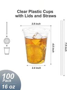 100pcs - 16oz Clear Plastic Cups With Lids And Straws, Durable Iced Coffee Cups With Lids, Disposable Plastic Iced Drink Cups For Cold Beverages - Transparent - View 4