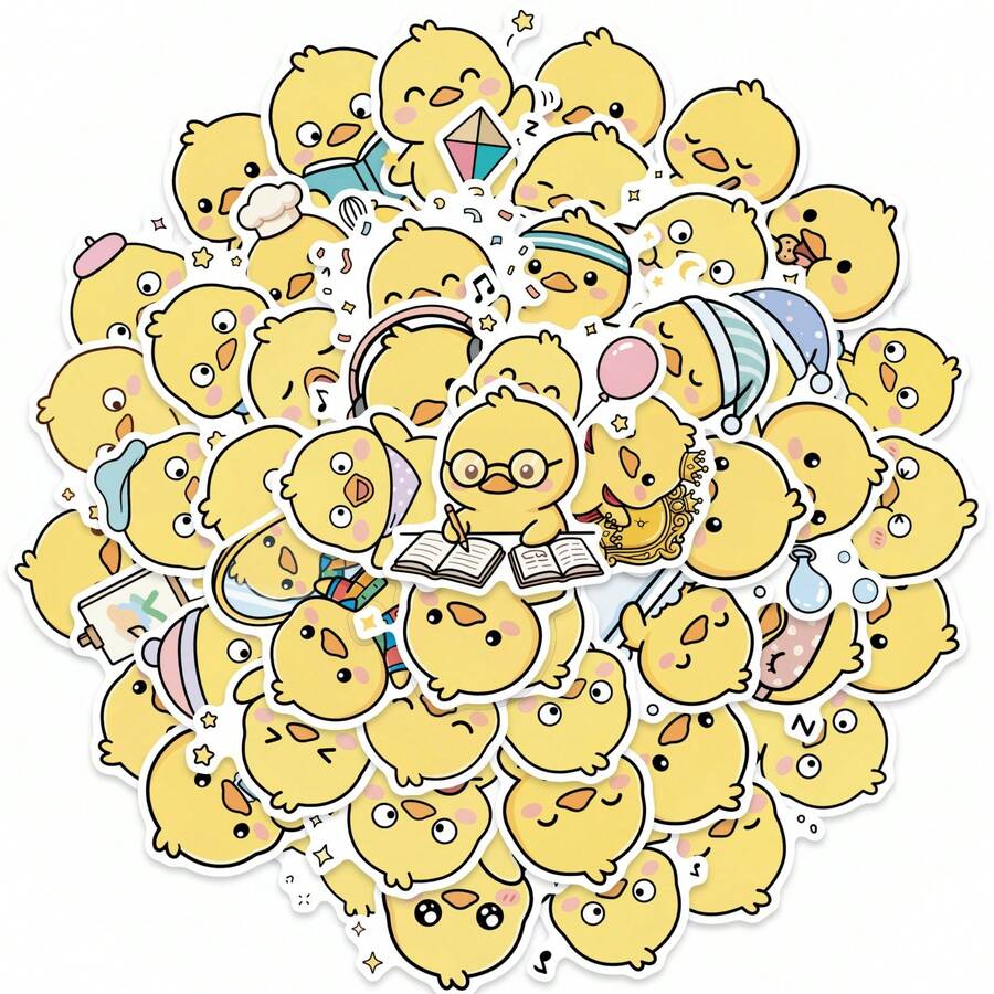 50张黄色小鸭卡通贴纸，可爱日常场景主题防水乙烯基贴纸，适用于笔记本电脑、水瓶、日记本和剪贴簿，为DIY手工和日常造型增添明快美感。 - 彩色 - 查看 1