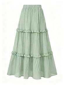 EARO Women's Long Ruffle Hem Skirt, Casual Flowy Mid-Length Skirt, Non-Stretch Fabric, Fashion Versatile Loose Fit Slimming - Mint Green - View 2