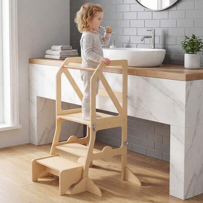 2 In 1 Toddler Tower W/Removable Safety Bar For Children 3+ Years Old Natural