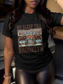 No Sleep Till Brooklyn Boombox Graphic T-Shirt For Women, Oversized Crewneck Tees Casual Wear, Spring Cotton Tops Short Sleeve, Summer Basic Tees, Funny Clothes For Women - màu đen - Xem 1