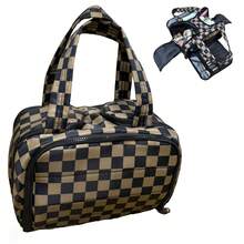 Checkered Toiletry Bag For Women,Large Capacity Waterproof Makeup Bag,Multi-Partitions Plaid Cosmetic Organizer,Wide-Open Travel Handbag - Coffee - View 6