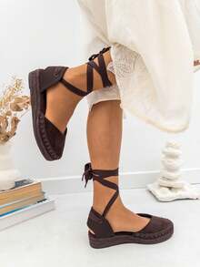 VIKIVIKI SHOES Women's Flat Espadrilles With Ankle Laces, Elegant Y2K Style Summer Sandal, Non-Slip Jute Sole, Breathable And Comfortable Design, Ideal For Holidays, Beach, Daily Walks And Casual Chic Summer Outfits - 咖啡店 - 查看 4