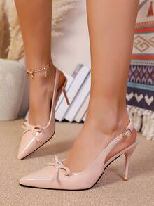 女士后系带高跟鞋，蝴蝶结搭扣细高跟鞋，亮面PU皮革，优雅时尚女士高跟鞋，尖头猫跟鞋，舒适派对鞋 - 杏色 - 查看 4