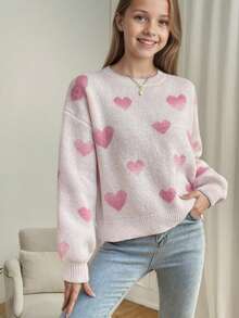 1pc Girls Casual Thick Pullover Sweater, Comfortable & Warm For Autumn/Winter, Soft Solid Color Sweater - Perfect For Warm Days And Cold Nights, Valentine's Day - Pink - View 5