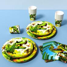 恐龙丛林探险一次性餐盘、餐巾纸、杯子套装，派对用品，可供8位客人使用，一次性纸盘，派对餐具，适合生日、婚礼、主题派对、家庭野餐等场合。 - 彩色 - 查看 5