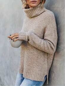 Suéter de punto versátil de cuello alto, diseño de parte delantera corta y parte trasera larga con abertura, estilo casual para otoño/invierno - Caqui 3 - Ver 4