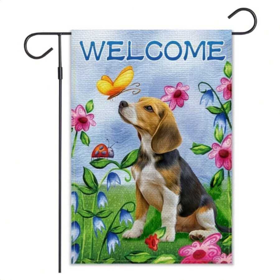 Welcome Spring Dog Garden Flag Vertical Double Sided Burlap Flower Summer Yard Outdoor Decor Home Decor Without Metal Brace 12X18 Inch. - A - View 1