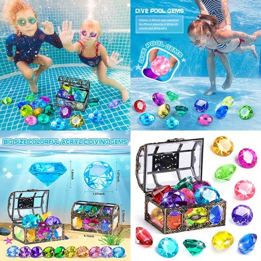 Diving Gem Pool Toy 10PCS DISHIO Big Colorful Diamond Diving Toy With Treasure Box Chest Pirate Pool Toys For Toddlers Underwater Sinking Dive Gemstone For Swimming Bath Birthday Party DecorationHappy Children's Toys, Essential Toys For Children - 10個多色 - 查看 1