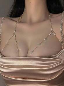 1pc Bohemian Style Sexy Faux Pearl Bikini Body Chain, Suitable For Women's Daily, Date, Party Wear, Great Gift For New Year, Valentine's Day, Mother's Day For Your Loved One - Gold - View 5