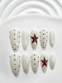 10件套极简主义凝胶美甲套装，包含亚克力美甲贴纸、手绘黑点、棕色五角星、豹纹美甲装饰，适合日常通勤，内含白色指甲油、美甲工具（1张果冻贴纸+1把指甲锉），三种形状可选：方形、杏仁形、短方形，手工制作的按压式美甲贴片。 - 彩色 - 查看 10