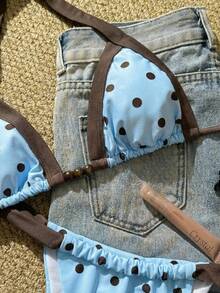 New Beaded Polka Dot Print Drawstring Halter Bikini Set, Women's Tankini Swimsuit For Beach, Pool Party, Holiday - Blue - View 4