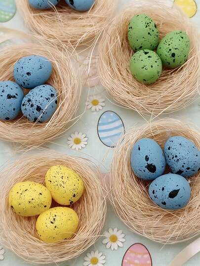1 pieza Nido de pájaro con estilo de huevo de Pascua, decoración divertida para fiesta de Pascua, nido de pájaro artificial, decoración de escena festiva, relleno de florero, relleno con huevos de espuma - Decoración de mesa de primavera, nido de pájaro y huevos de plástico verde/azul/amarillo