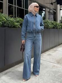 Livesso Women's Denim Jacket With Collar & Zipper And Loose Straight-Leg Jeans Casual Suit - Medium Wash - View 3