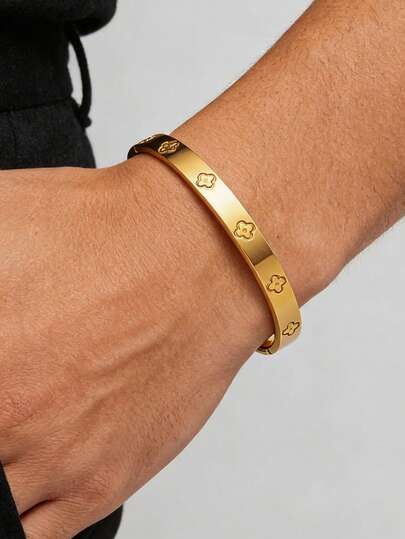 1 pieza Elegante pulsera de acero de titanio chapada en oro de 18K con diseño de trébol de cuatro hojas para mujeres, adecuada para uso diario y como regalo