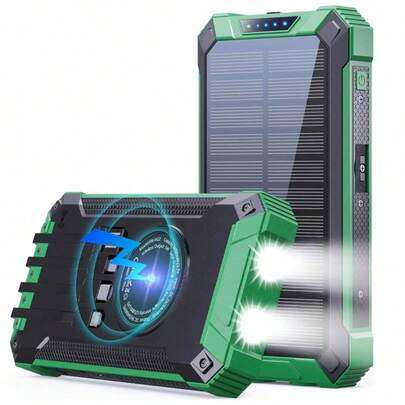 40000mAh Solar Power Bank Solar Mobile Power Bank Wireless Charger Built-In 4 Cables Six Outputs Three Inputs 15W Fast Charging Mobile Power Bank Suitable For All Mobile Devices With Dual Flashlights Solar Portable Charger Suitable For Outdoor Travel/Camping And Emergency Backup Mobile Power