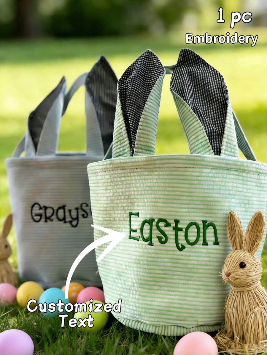 1pc Custom Embroidered Easter Basket, Lop-Eared Rabbit Design, Rabbit-Shaped Holiday Gift Basket - Basket - View 1