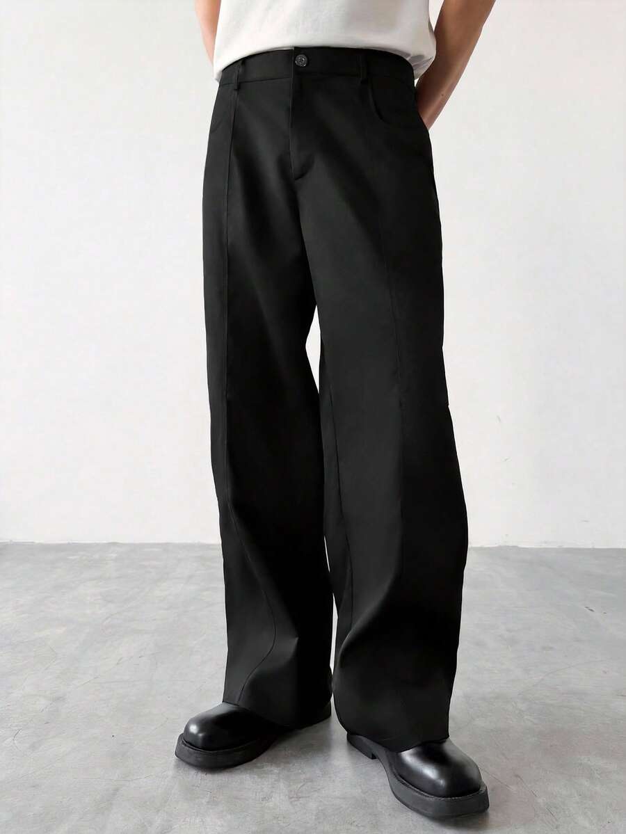Pantalones rectos de cintura alta de uso casual con costura frontal negra - Negro - Ver 1